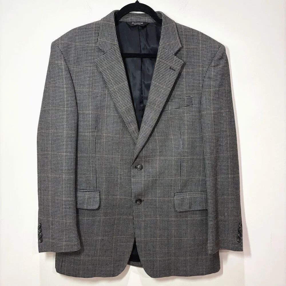 Jos A Bank Houndstooth Silk Wool Gray Blazer Men 42R Sport Coat Old Money Career